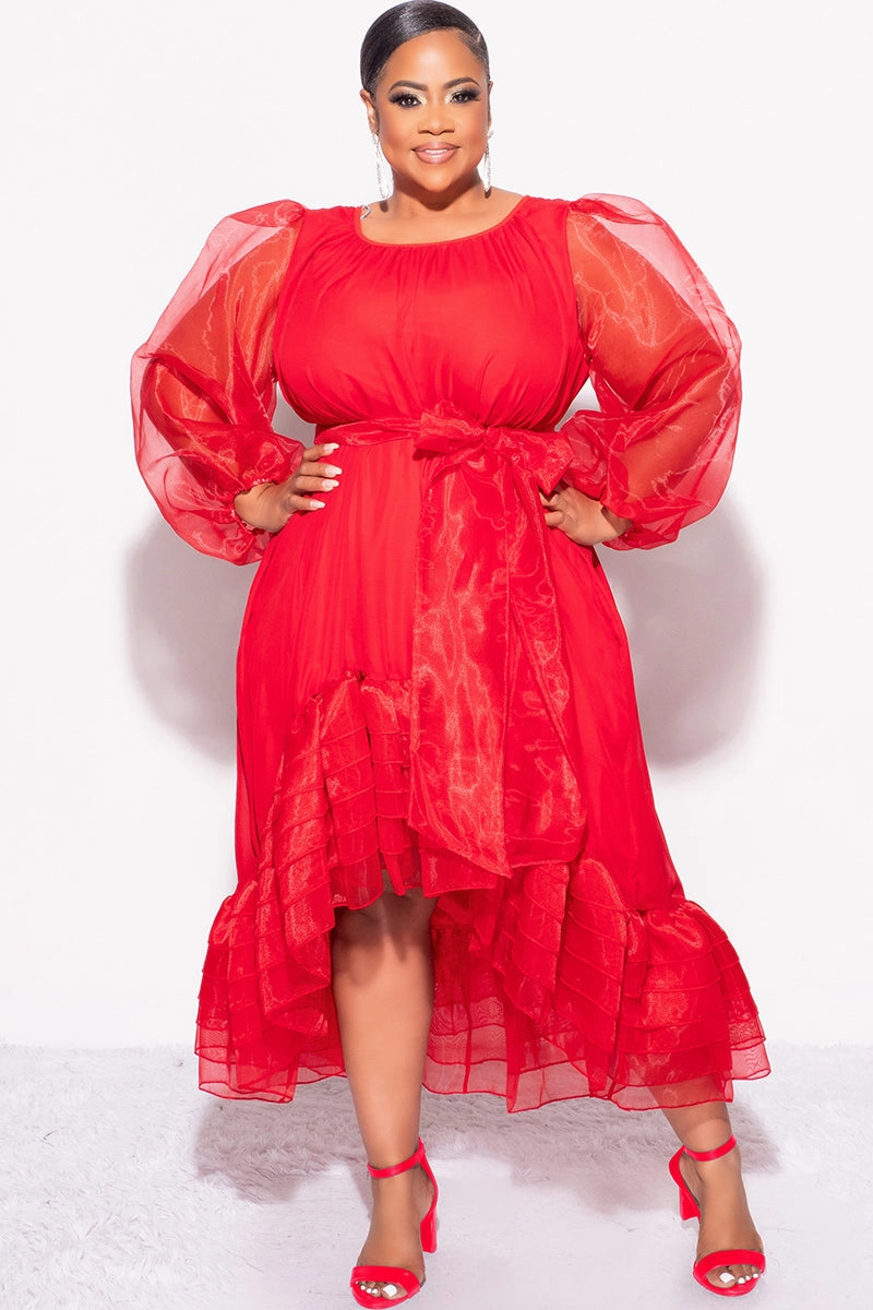 Neutral Fit Dynamic Motion Final Sale Plus Size Chiffon Ruffle Highlow Dress with Tie in Red