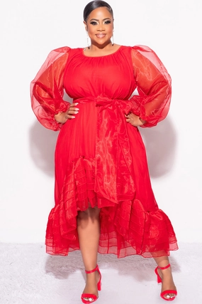 Neutral Fit Dynamic Motion Final Sale Plus Size Chiffon Ruffle Highlow Dress with Tie in Red