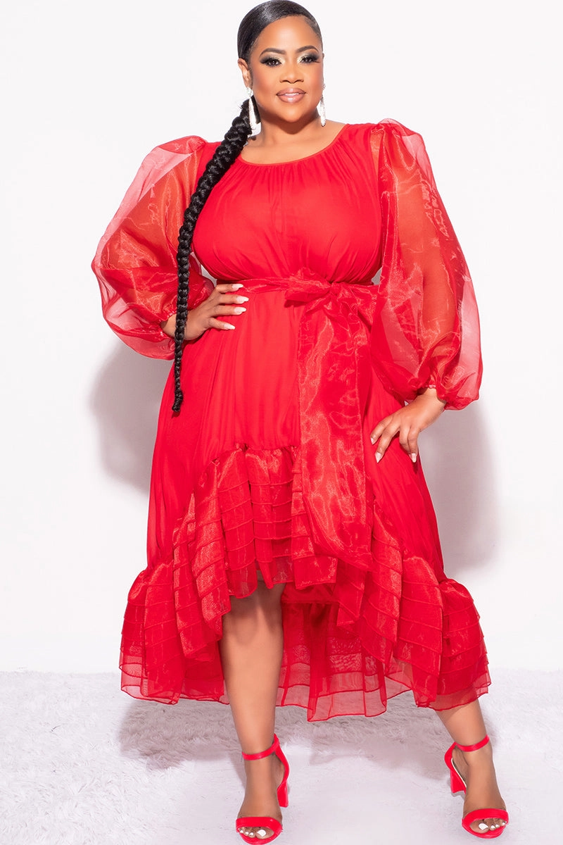 Essential Fit Final Sale Plus Size Chiffon Ruffle Highlow Dress with Tie in Red