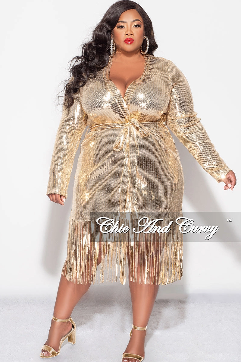 Final Sale Plus Size Faux Sequin Duster with Belt in Gold Hidden Zip Pockets Eco Friendly Material