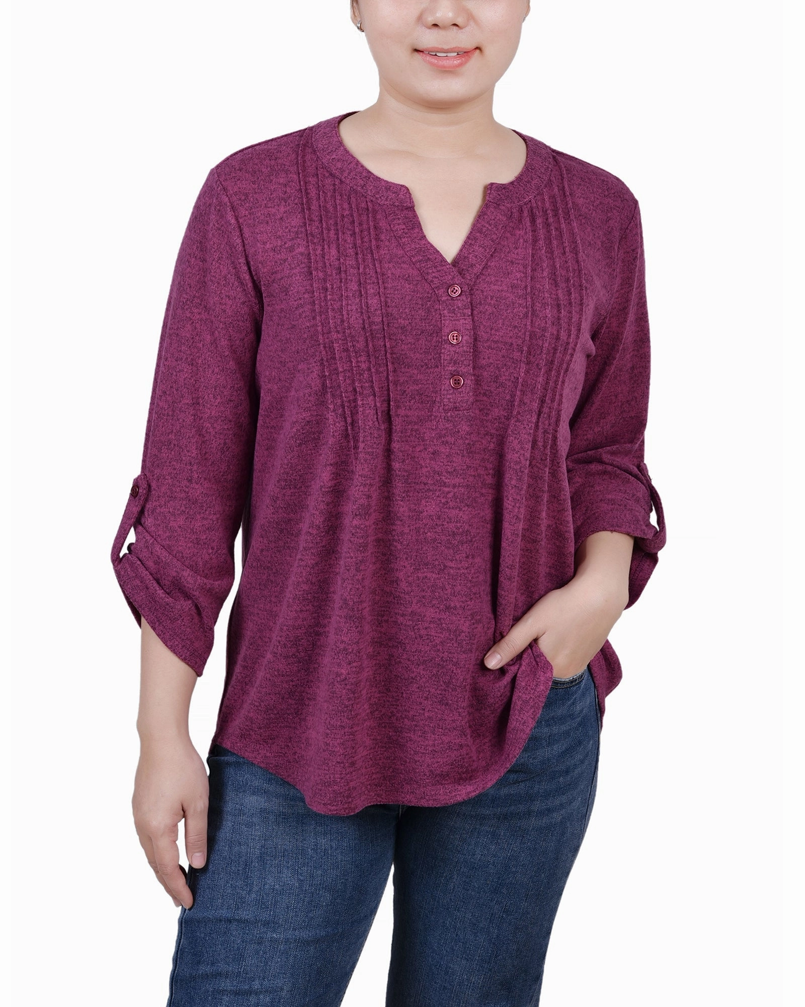 Low Profile Collar 3/4 Roll Tab Sleeve Y Neck Top