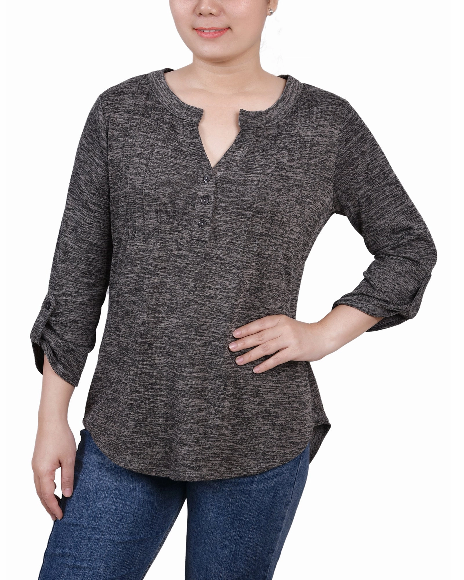 Loose cut 3/4 Roll Tab Sleeve Y Neck Top