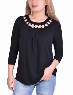 3/4 Sleeve Top With Cutout Ringed Neckline Flatlock Seams Stretch Knit Fabric