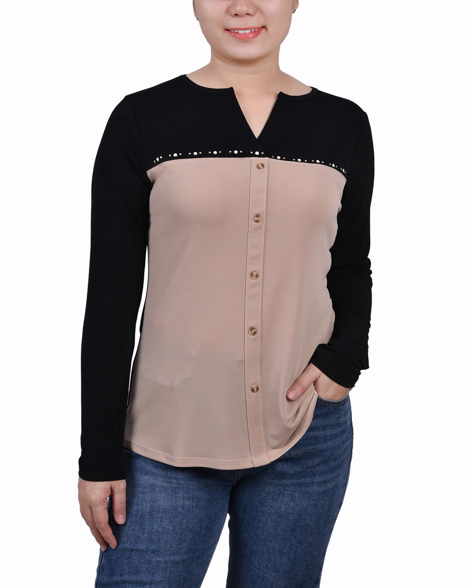 Petite Long Sleeve Studded Colorblocked Split Neck Top Adjustable Shoulder Straps