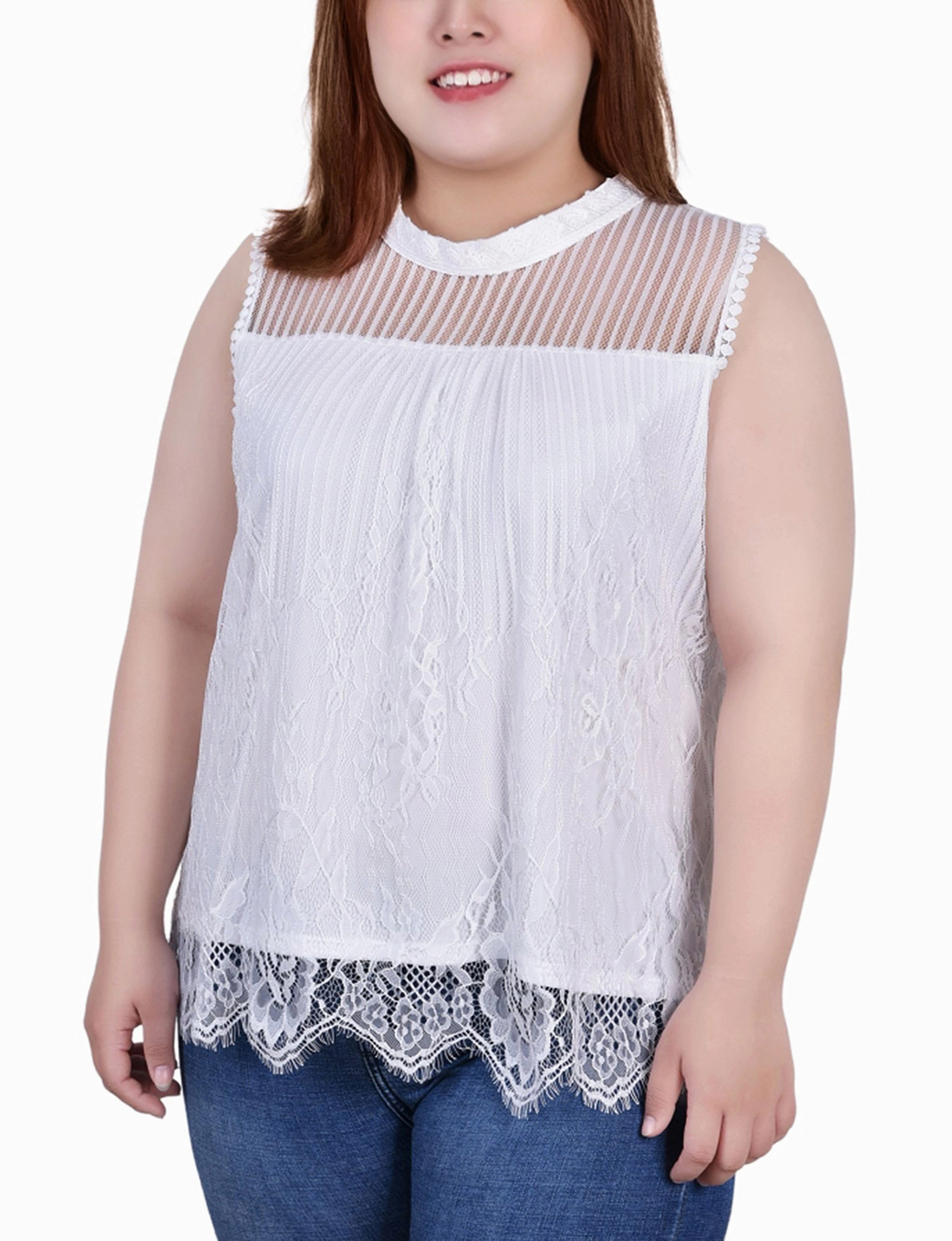 Rubberized grip OEKOTEX Certified Fabric Plus Size Sleeveless Mock Neck Lace Top