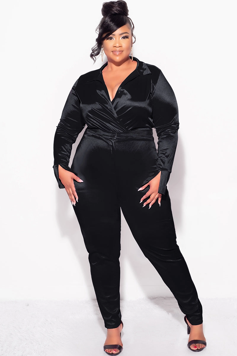 Seamless Wear StretchFabric Final Sale Plus Size 2-Piece Satin Collared Faux Wrap Bodysuit and Pants Set in Black