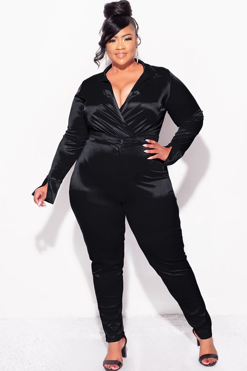 Core Basic Final Sale Plus Size 2-Piece Satin Collared Faux Wrap Bodysuit and Pants Set in Black