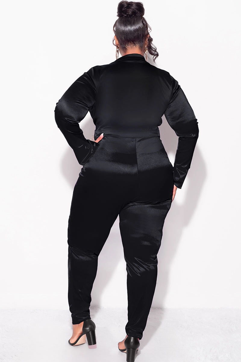 Final Sale Plus Size 2-Piece Satin Collared Faux Wrap Bodysuit and Pants Set in Black Office Friendly