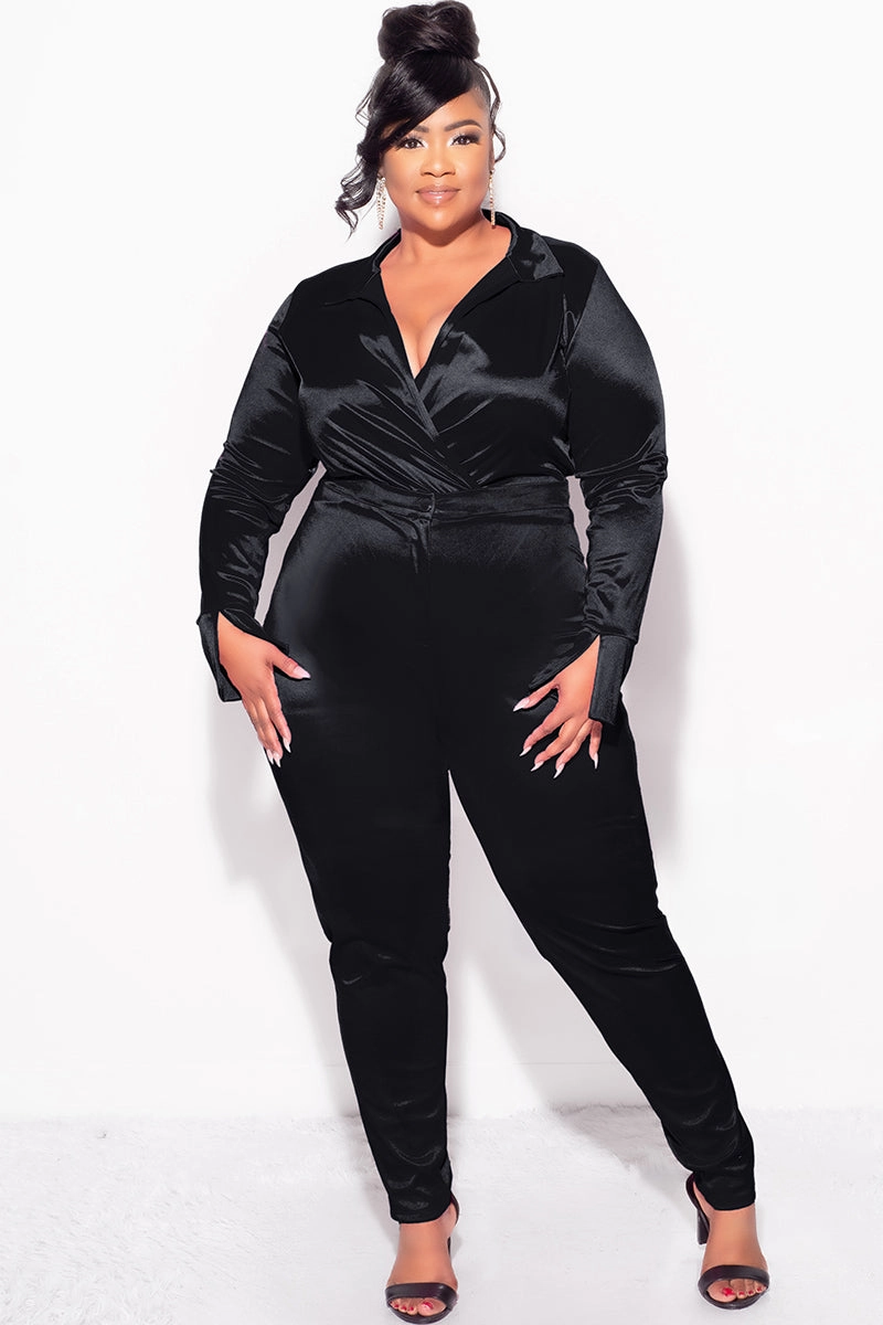 Final Sale Plus Size 2-Piece Satin Collared Faux Wrap Bodysuit and Pants Set in Black Anti Snag Threading Thermal Insulation Layer