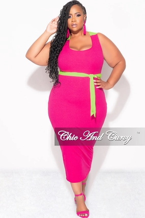 TaglessComfort Final Sale Plus Sleeveless Ribbed Midi BodyCon Dress with Criss Cross Back in Fuchsia and Neon Green