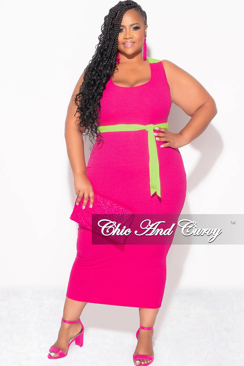 Final Sale Plus Sleeveless Ribbed Midi BodyCon Dress with Criss Cross Back in Fuchsia and Neon Green Active Lifestyle