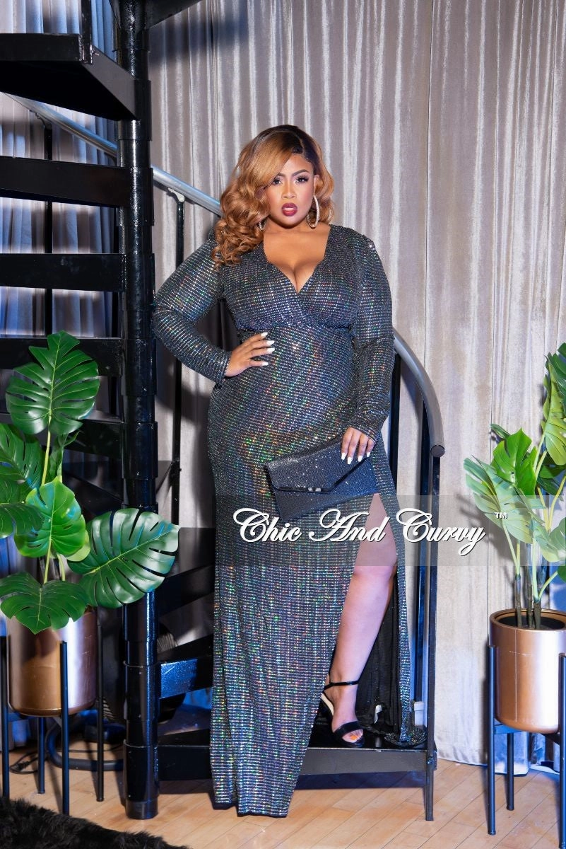 Final Sale Plus Size Faux Wrap Mirror Ball Gown in Silver Iridescent No Fuss