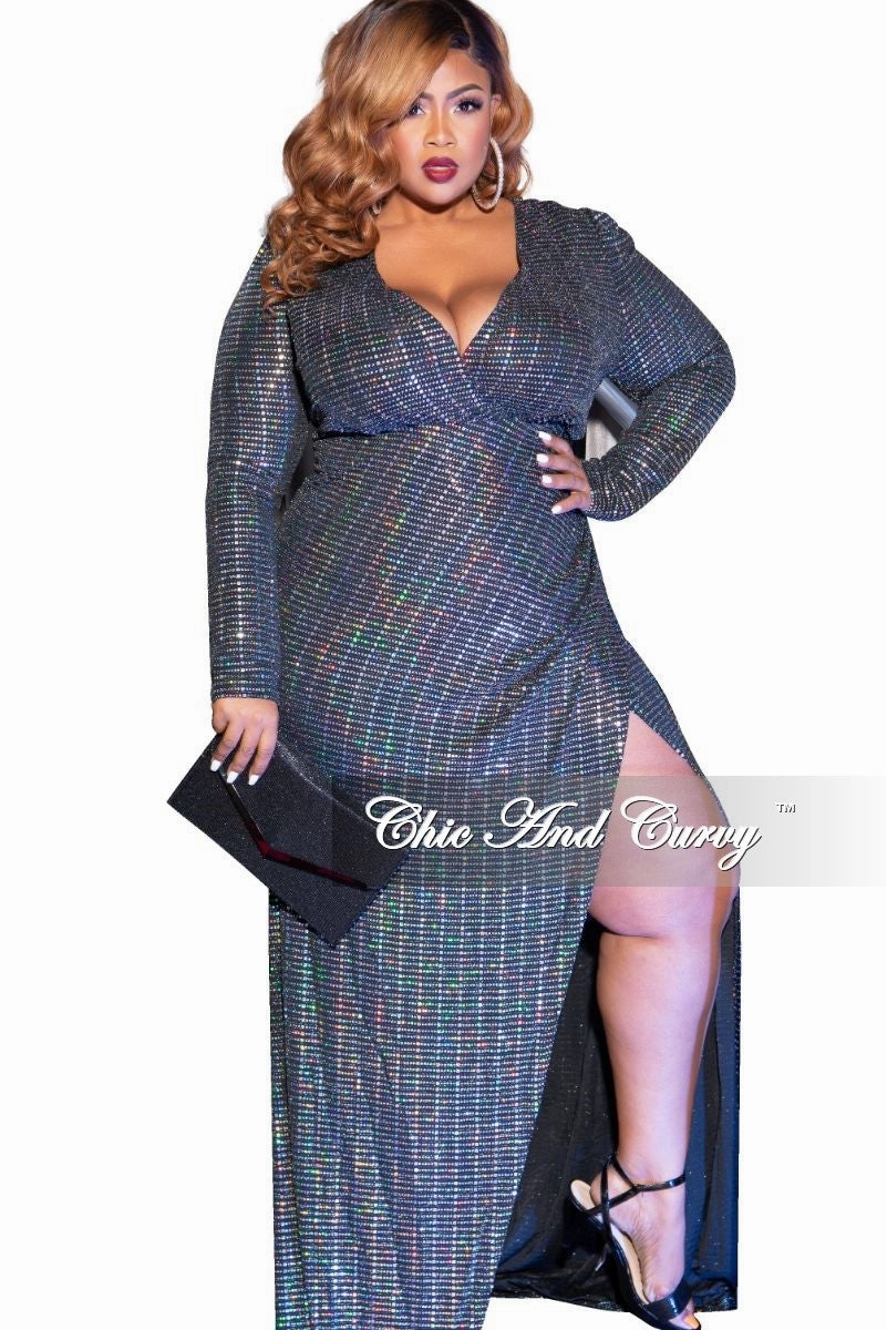 Final Sale Plus Size Faux Wrap Mirror Ball Gown in Silver Iridescent Smart Stretch