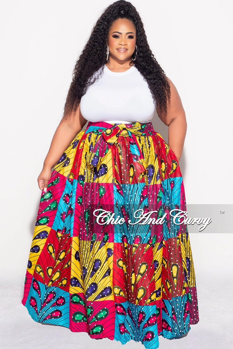 Final Sale Plus Size High Waist Maxi Skirt with Tie in Multi Color Design Print Comfy Essentials Wear Sleek Look