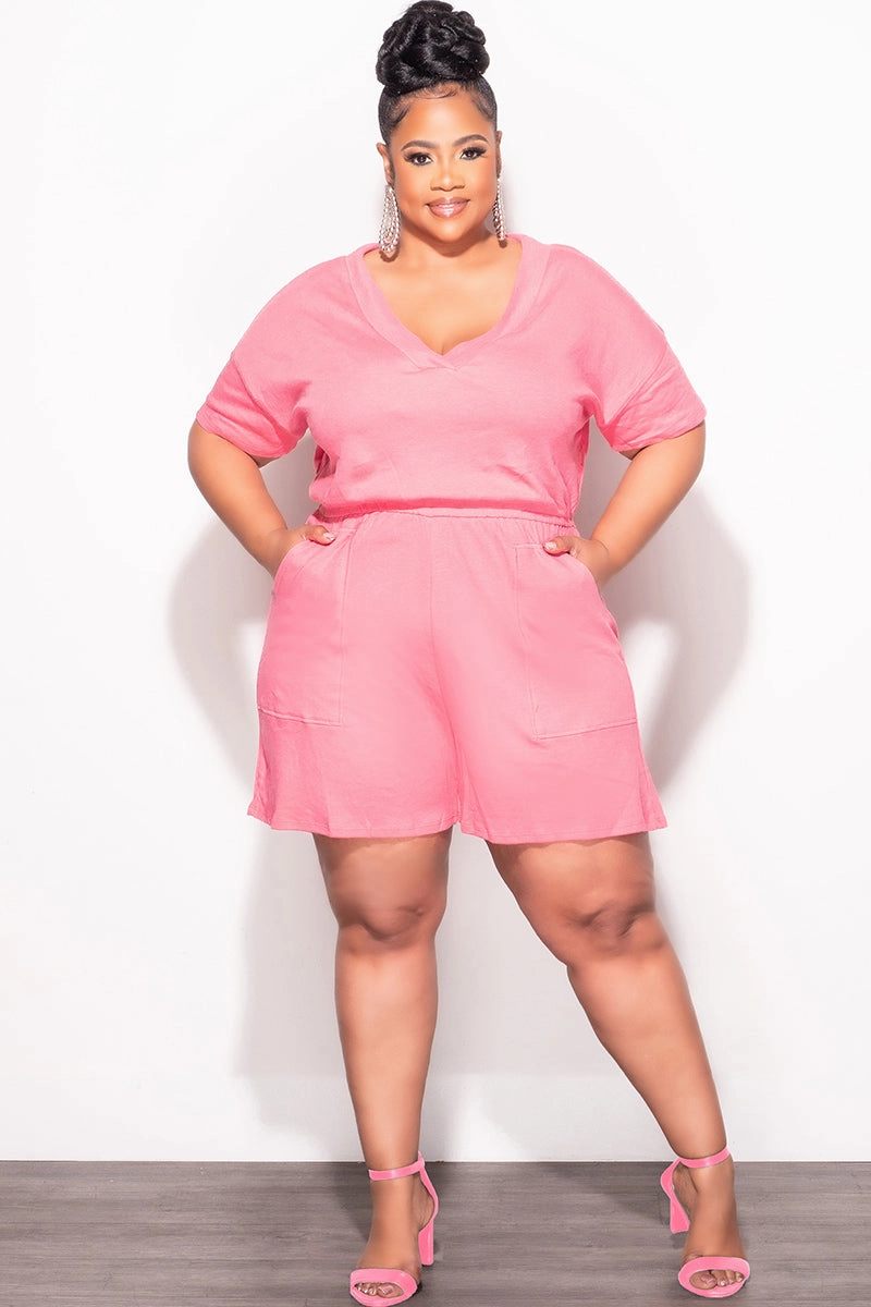Final Sale Plus Size Short Sleeve French Terry V Neck Romper in Pink Trendy Layering Casual Layer Fit