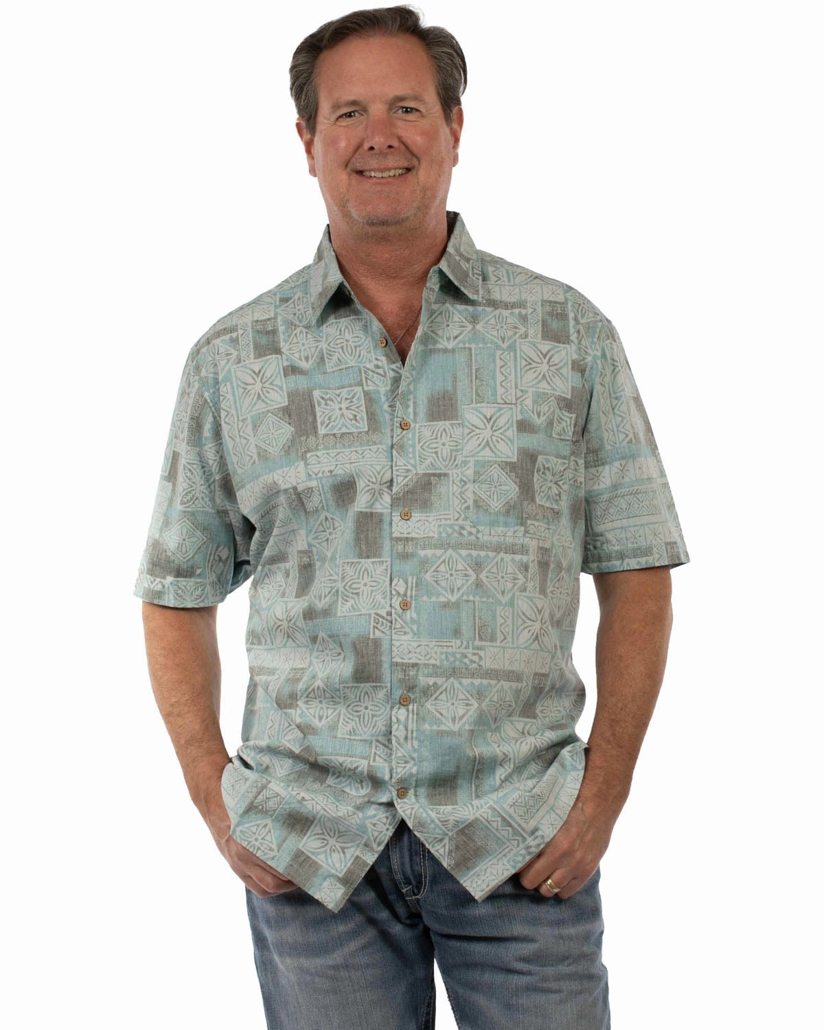Scully Mens Herringbone Hawaiian Islander Aqua 100% Cotton S/S Shirt Edgy style Perfect Layering