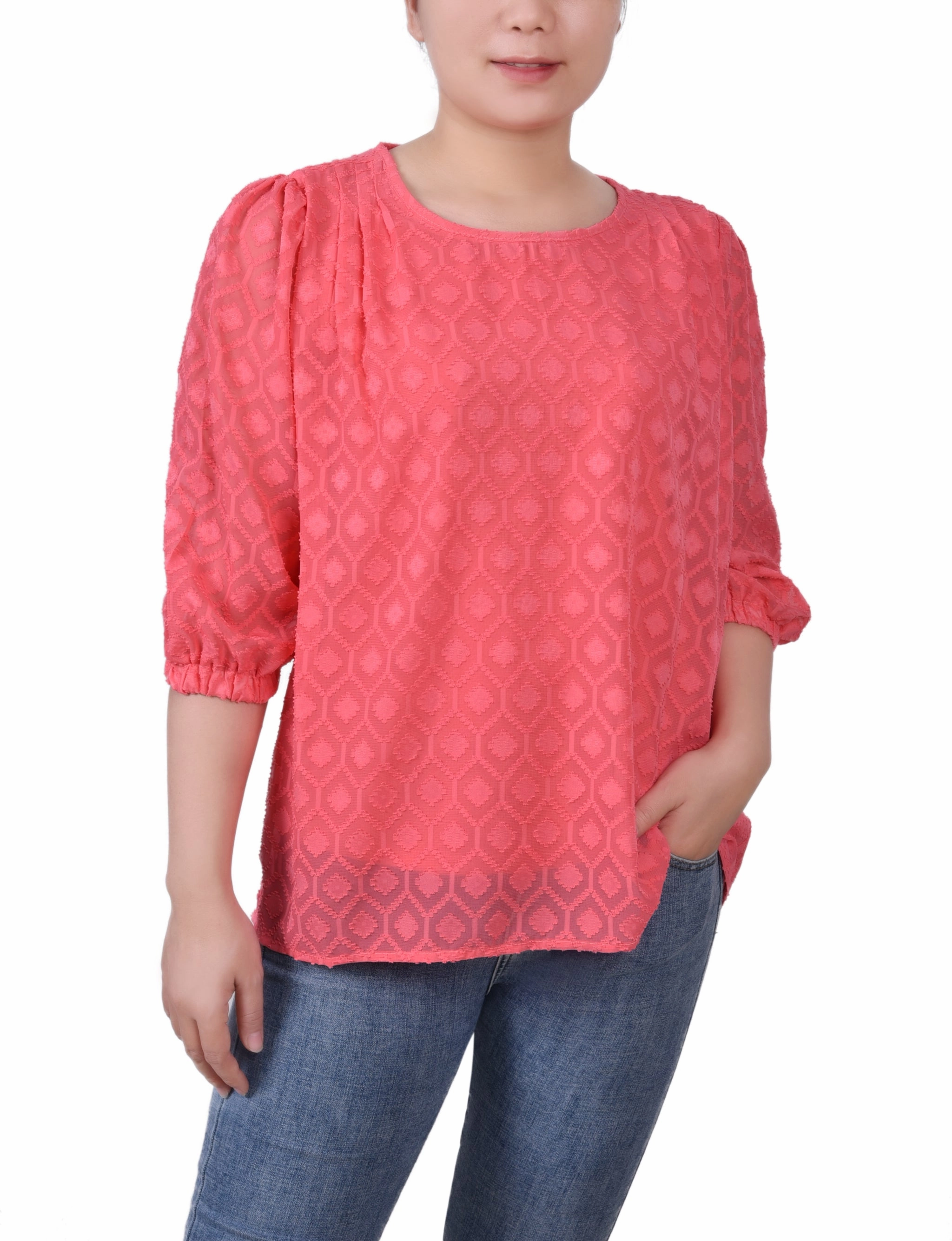 Interlock Weave Comfort Cushion Neckline Elbow Sleeve Clip Blouse