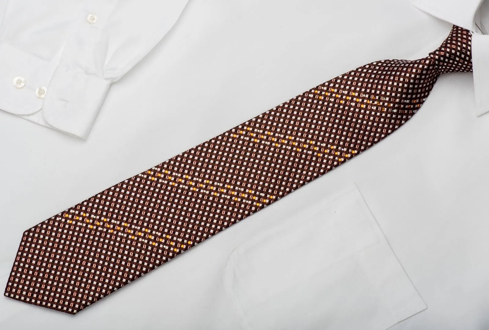 Elegance Rhinestone Silk Necktie Silver Checkered On Burgundy With Copper Sparkles
