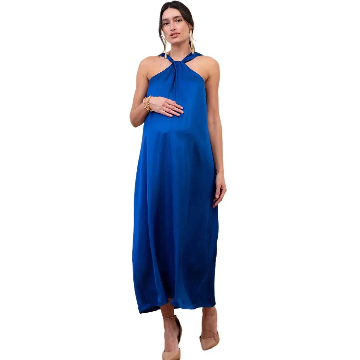 Elegant A-Line Maternity Midi Dress with Bow Detail