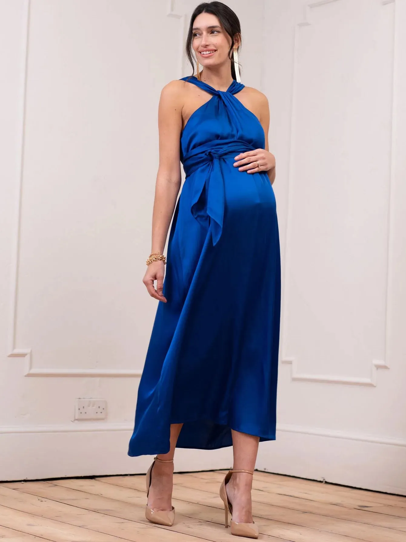 Elegant A-Line Maternity Midi Dress with Bow Detail