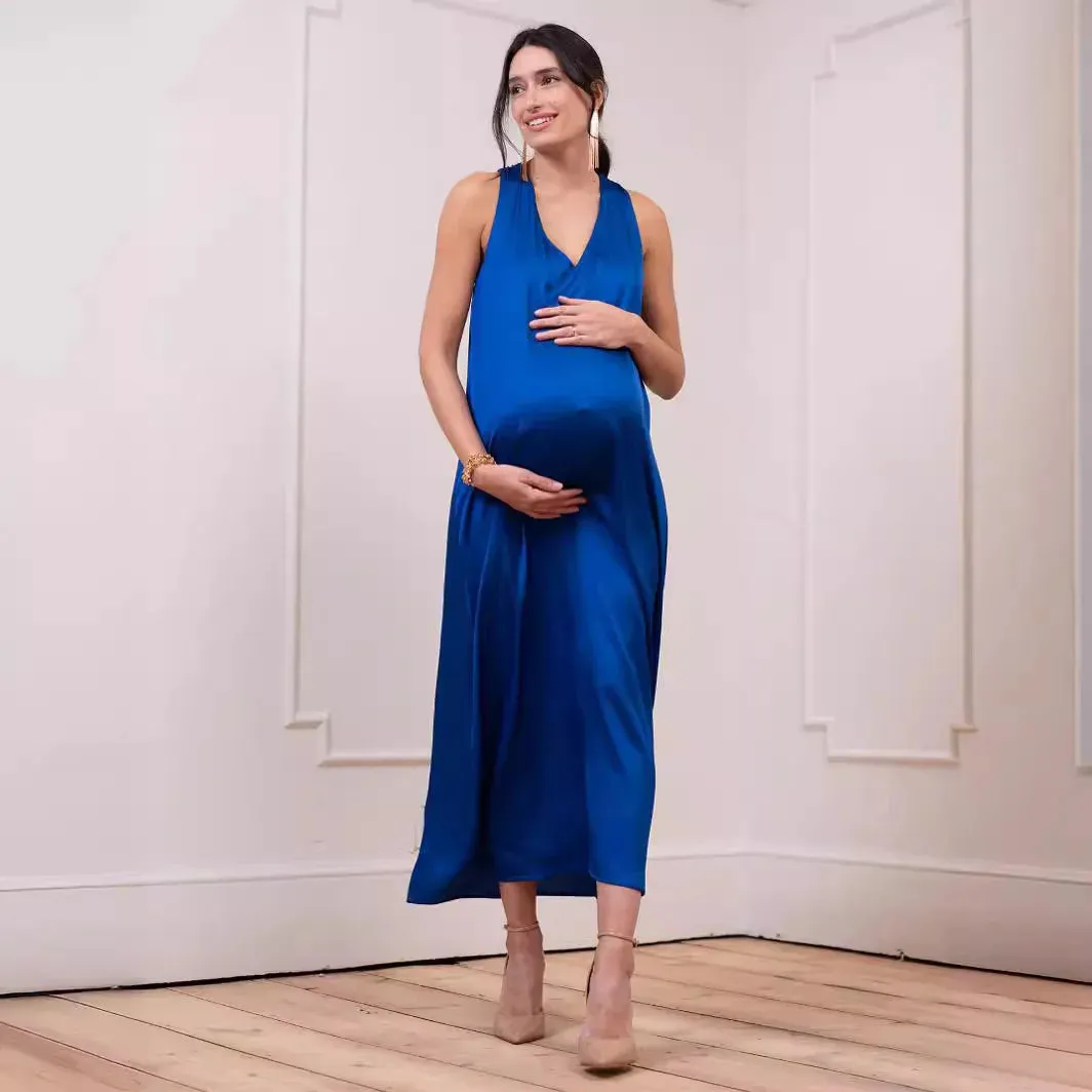 Elegant A-Line Maternity Midi Dress with Bow Detail