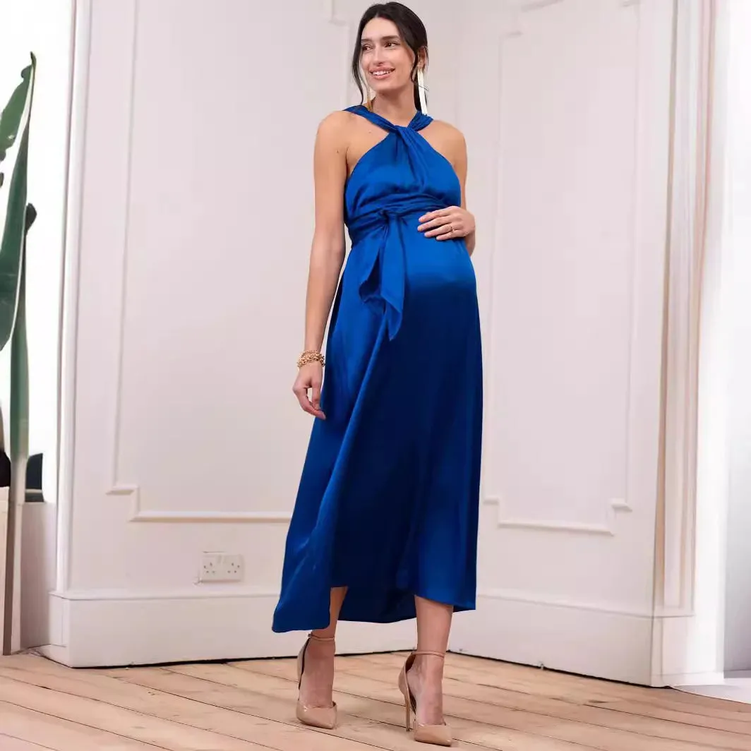 Elegant A-Line Maternity Midi Dress with Bow Detail