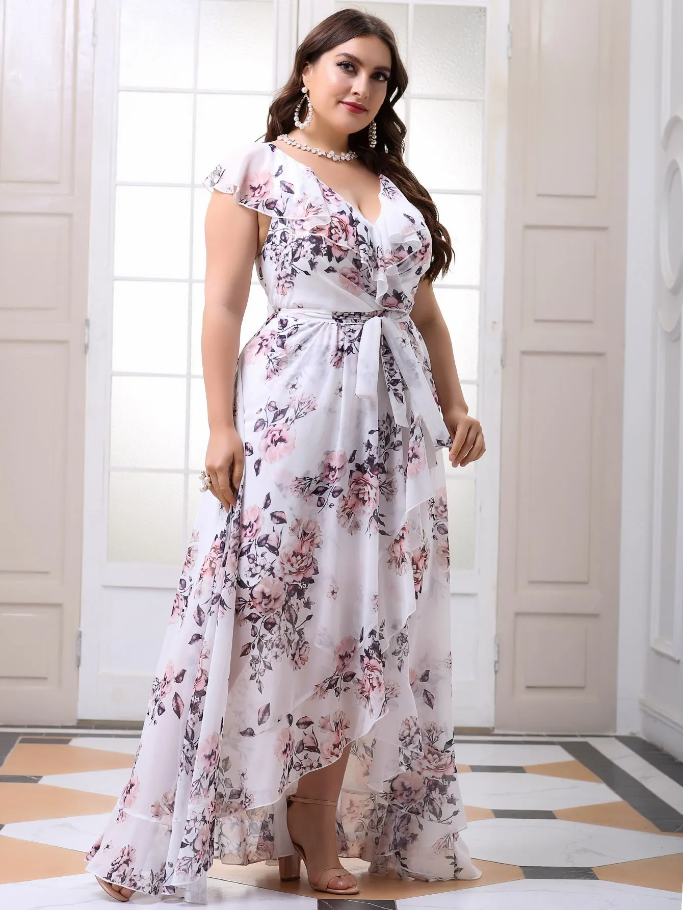 Elegant All Over Print Wrap Cap Sleeve V Neck Wrap High Waist Maxi Plus Size Dress