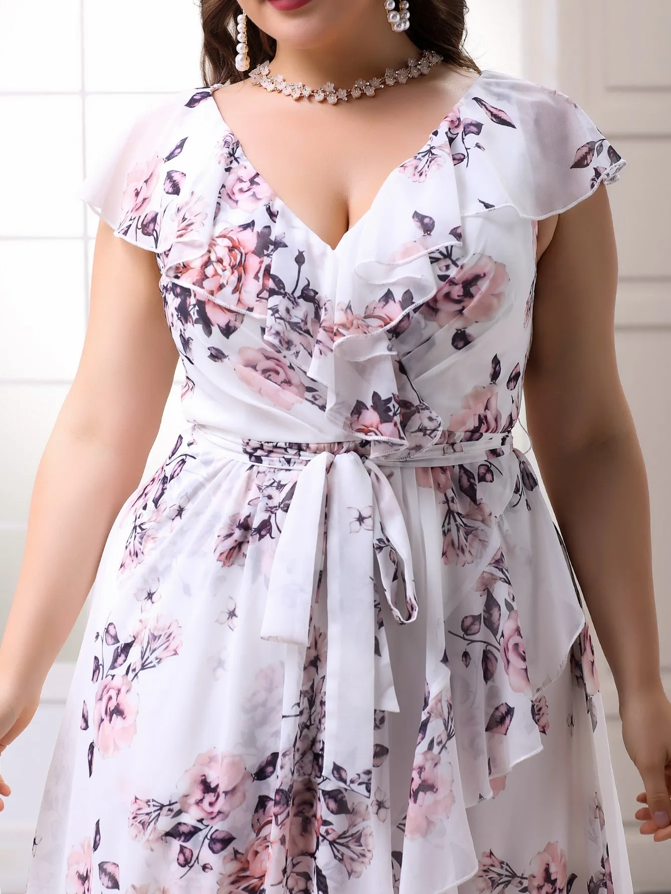 Elegant All Over Print Wrap Cap Sleeve V Neck Wrap High Waist Maxi Plus Size Dress