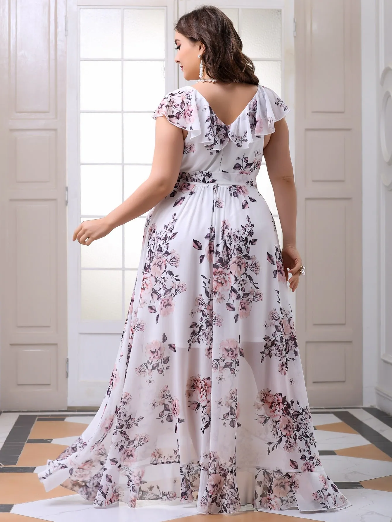 Elegant All Over Print Wrap Cap Sleeve V Neck Wrap High Waist Maxi Plus Size Dress