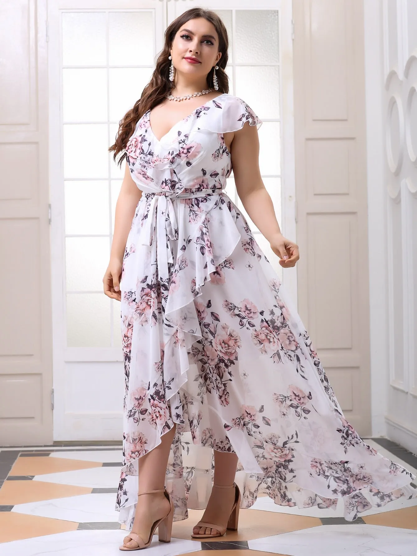 Elegant All Over Print Wrap Cap Sleeve V Neck Wrap High Waist Maxi Plus Size Dress