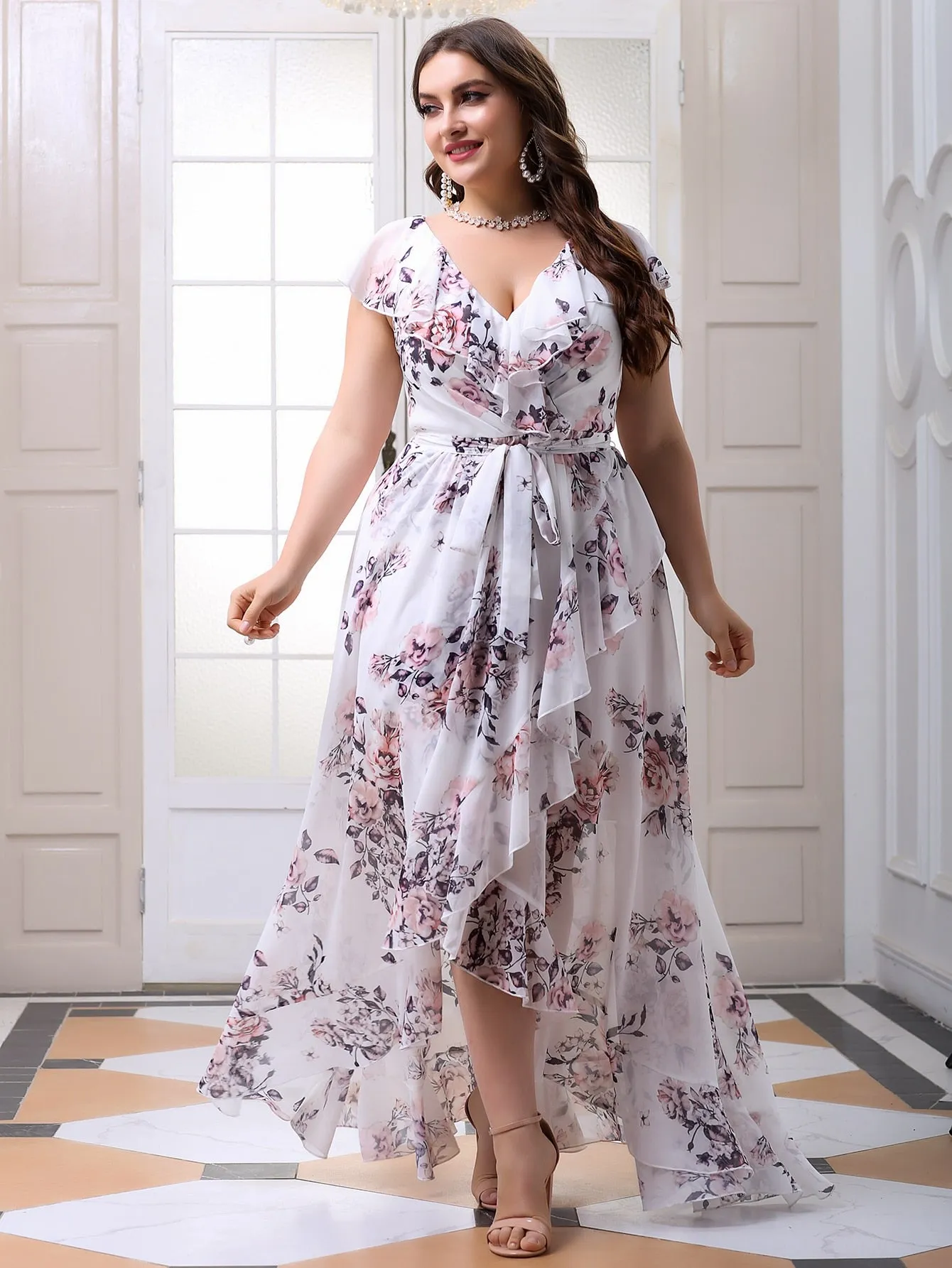 Elegant All Over Print Wrap Cap Sleeve V Neck Wrap High Waist Maxi Plus Size Dress