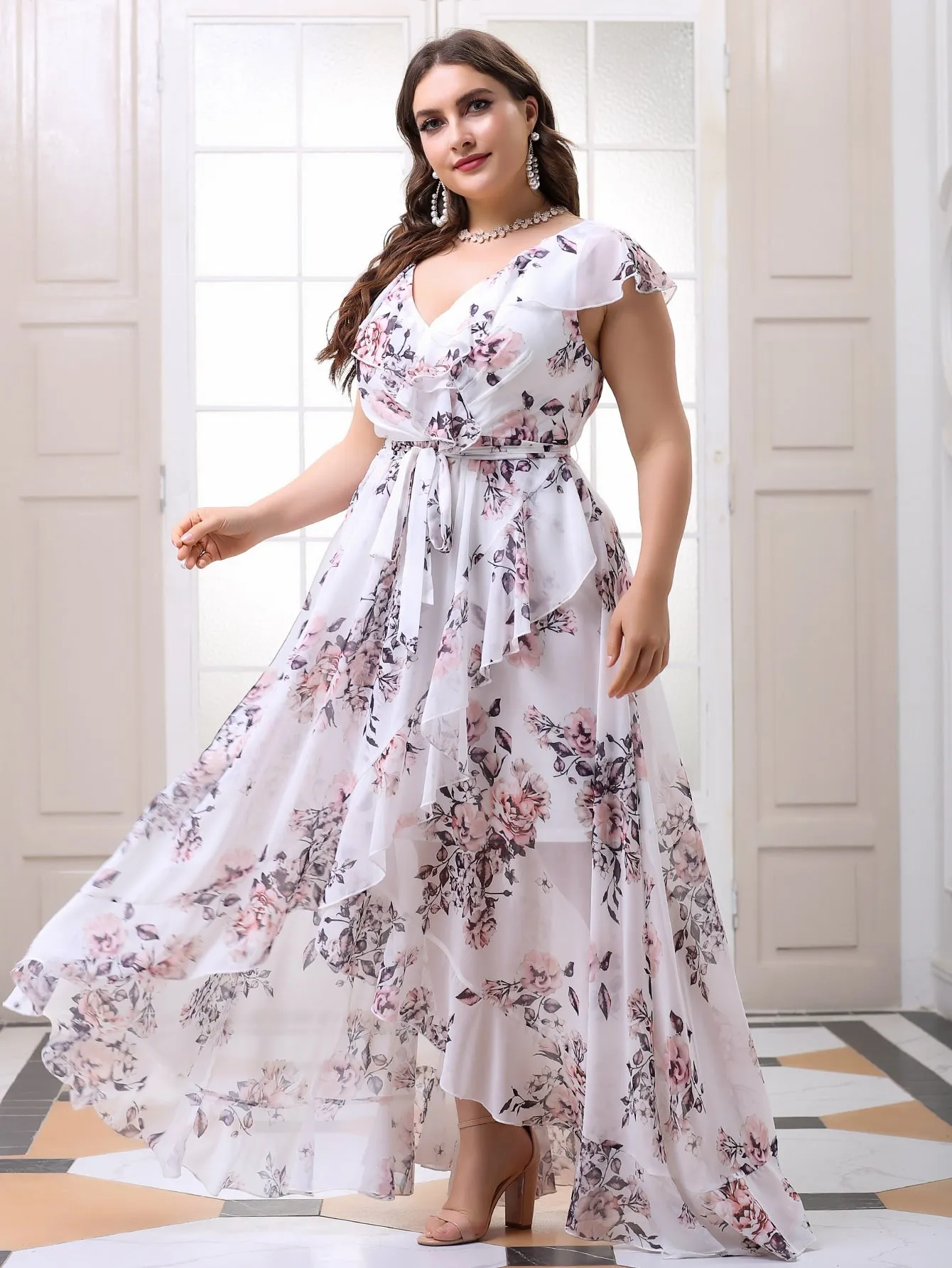 Elegant All Over Print Wrap Cap Sleeve V Neck Wrap High Waist Maxi Plus Size Dress