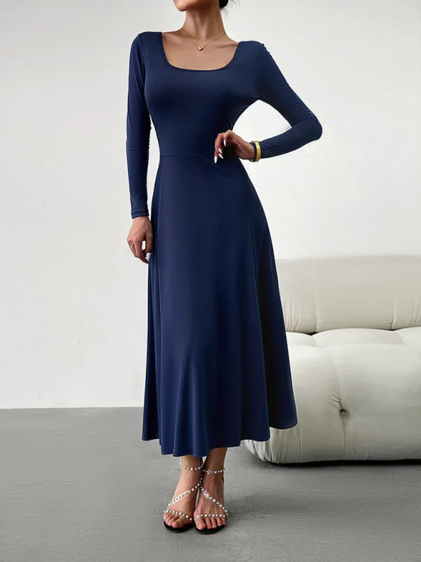 Elegant Fall-Winter A-Line Maxi Dress with Lace-Up Waist
