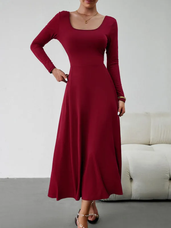 Elegant Fall-Winter A-Line Maxi Dress with Lace-Up Waist