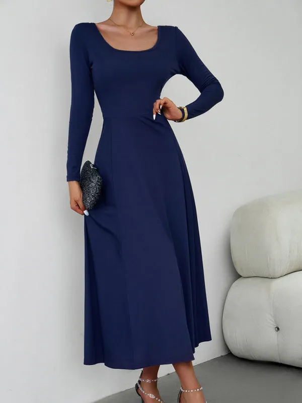 Elegant Fall-Winter A-Line Maxi Dress with Lace-Up Waist