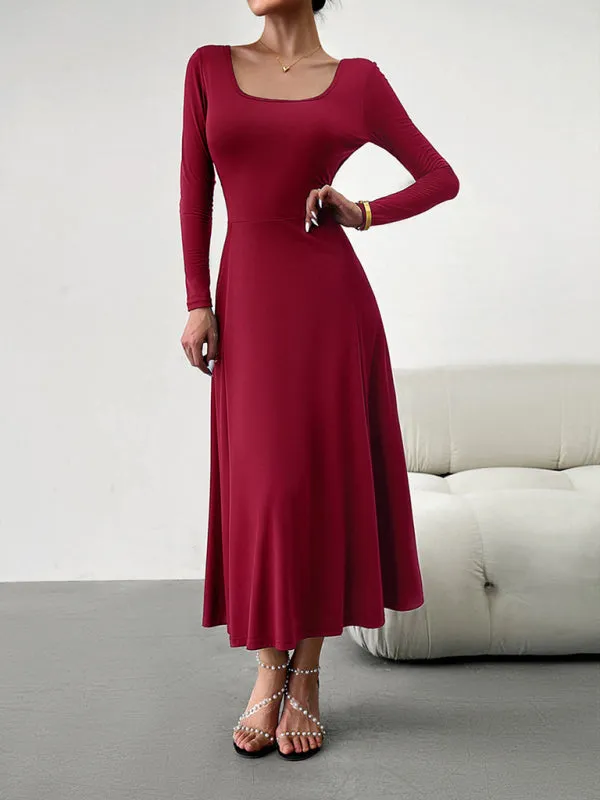 Elegant Fall-Winter A-Line Maxi Dress with Lace-Up Waist