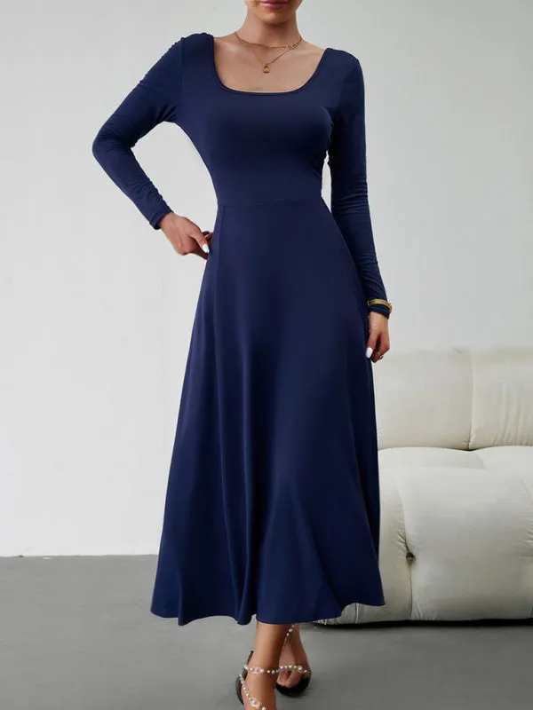 Elegant Fall-Winter A-Line Maxi Dress with Lace-Up Waist