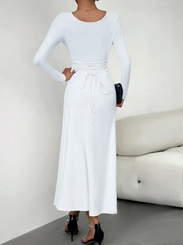 Elegant Fall-Winter A-Line Maxi Dress with Lace-Up Waist