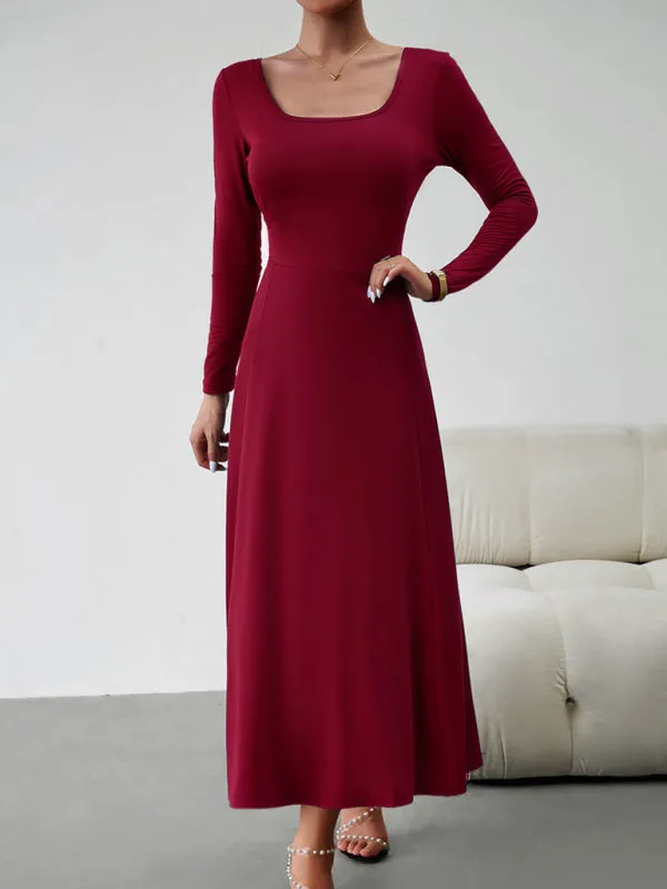 Elegant Fall-Winter A-Line Maxi Dress with Lace-Up Waist