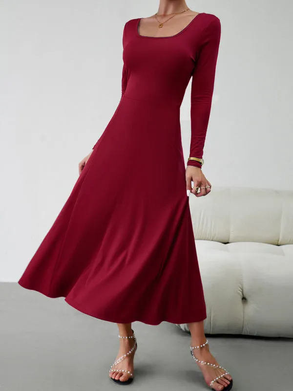 Elegant Fall-Winter A-Line Maxi Dress with Lace-Up Waist