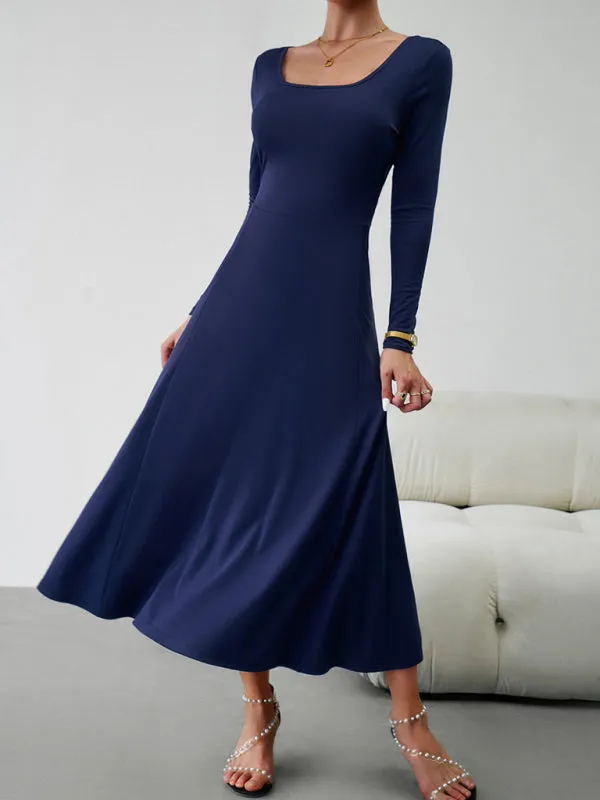 Elegant Fall-Winter A-Line Maxi Dress with Lace-Up Waist