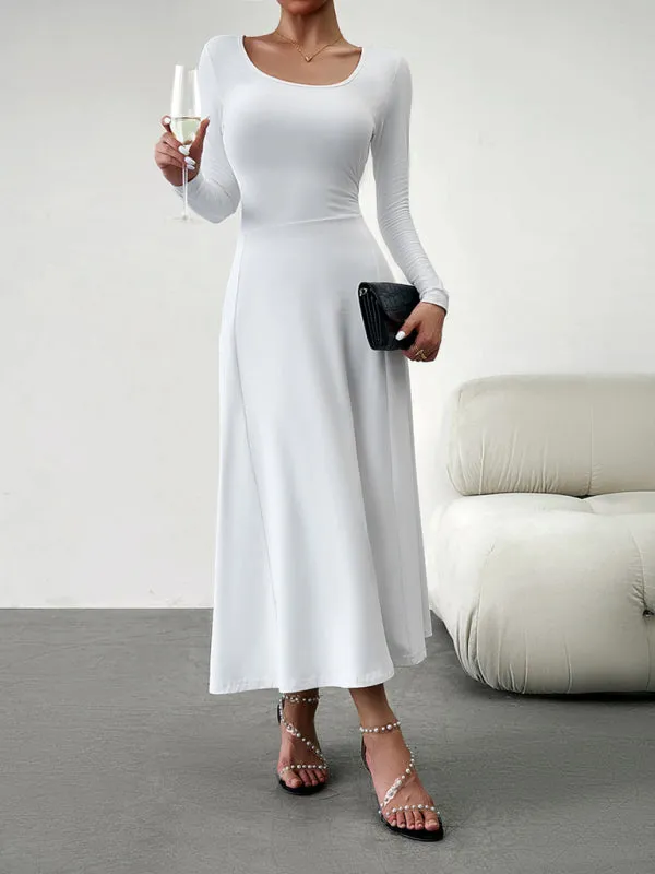 Elegant Fall-Winter A-Line Maxi Dress with Lace-Up Waist