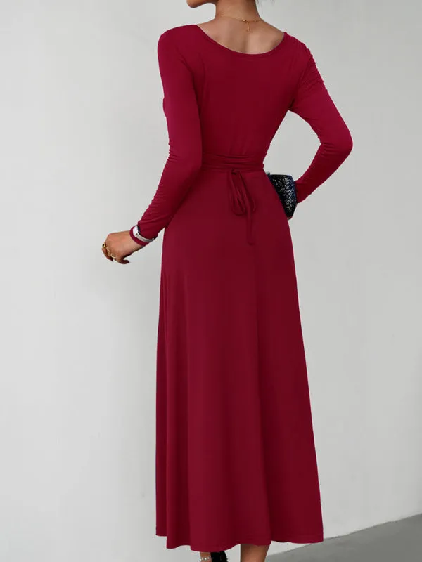 Elegant Fall-Winter A-Line Maxi Dress with Lace-Up Waist