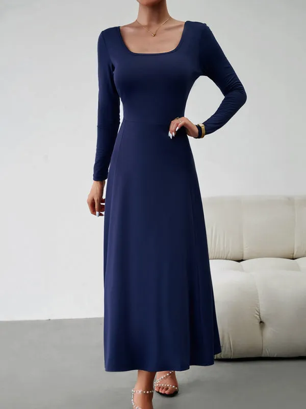 Elegant Fall-Winter A-Line Maxi Dress with Lace-Up Waist