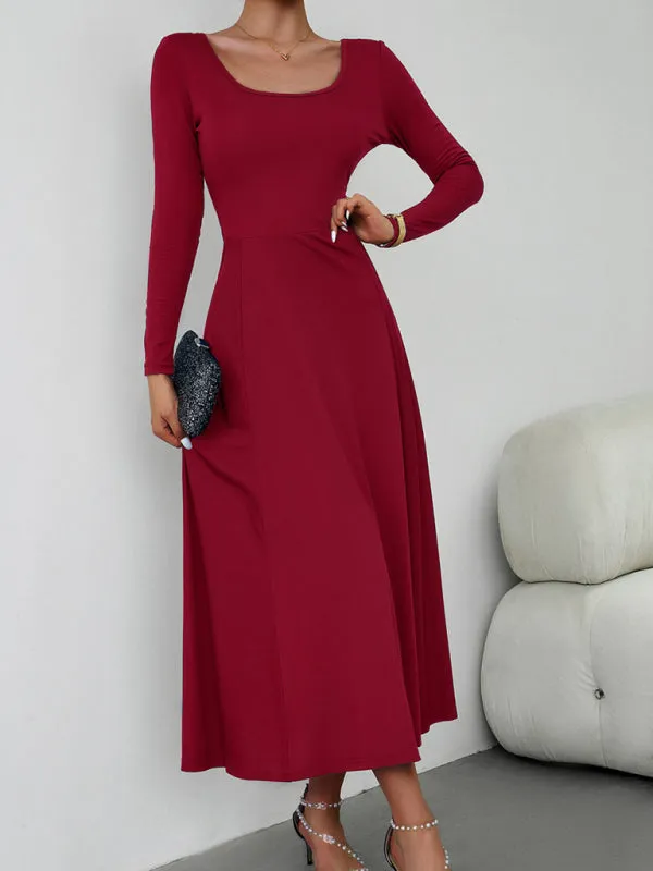 Elegant Fall-Winter A-Line Maxi Dress with Lace-Up Waist