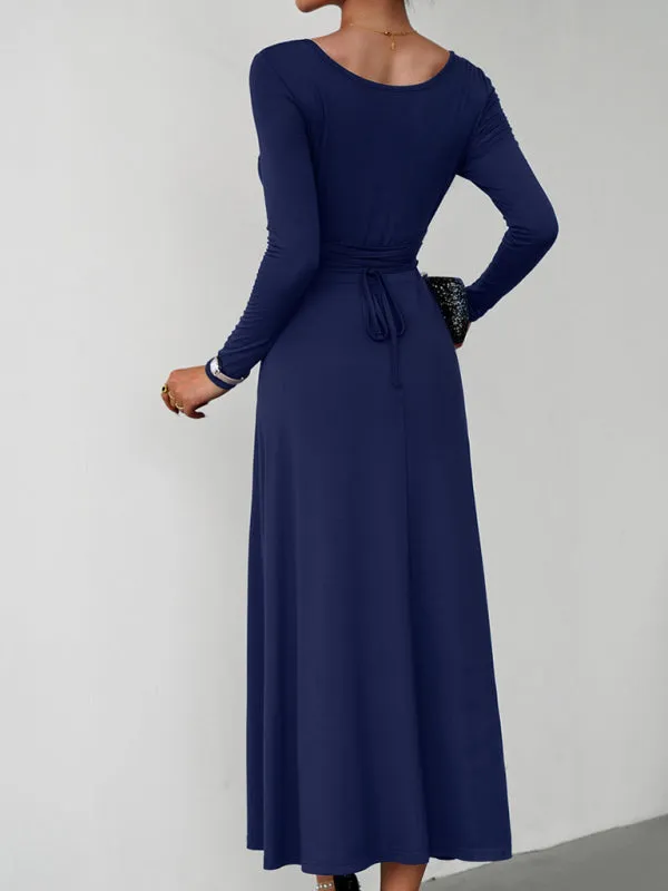 Elegant Fall-Winter A-Line Maxi Dress with Lace-Up Waist