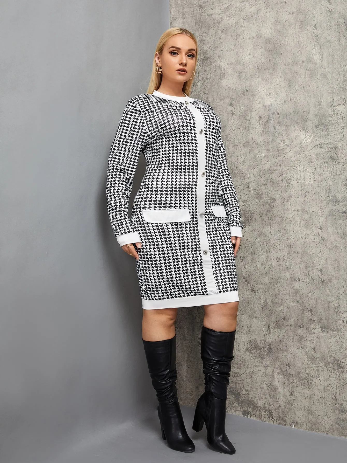 Elegant Houndstooth Button Front Long Sleeve Round Neck Pencil Natural Short Plus Size Dress