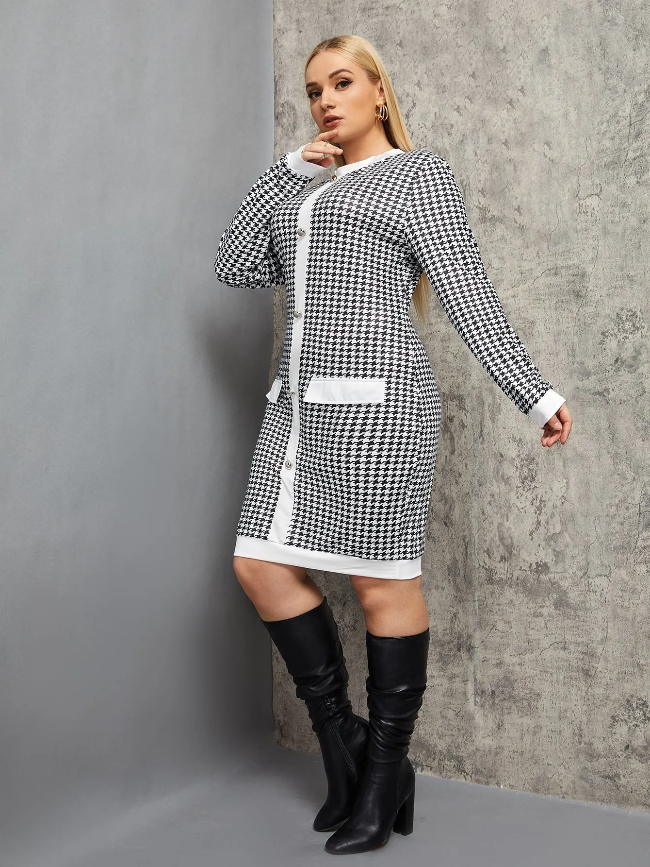 Elegant Houndstooth Button Front Long Sleeve Round Neck Pencil Natural Short Plus Size Dress