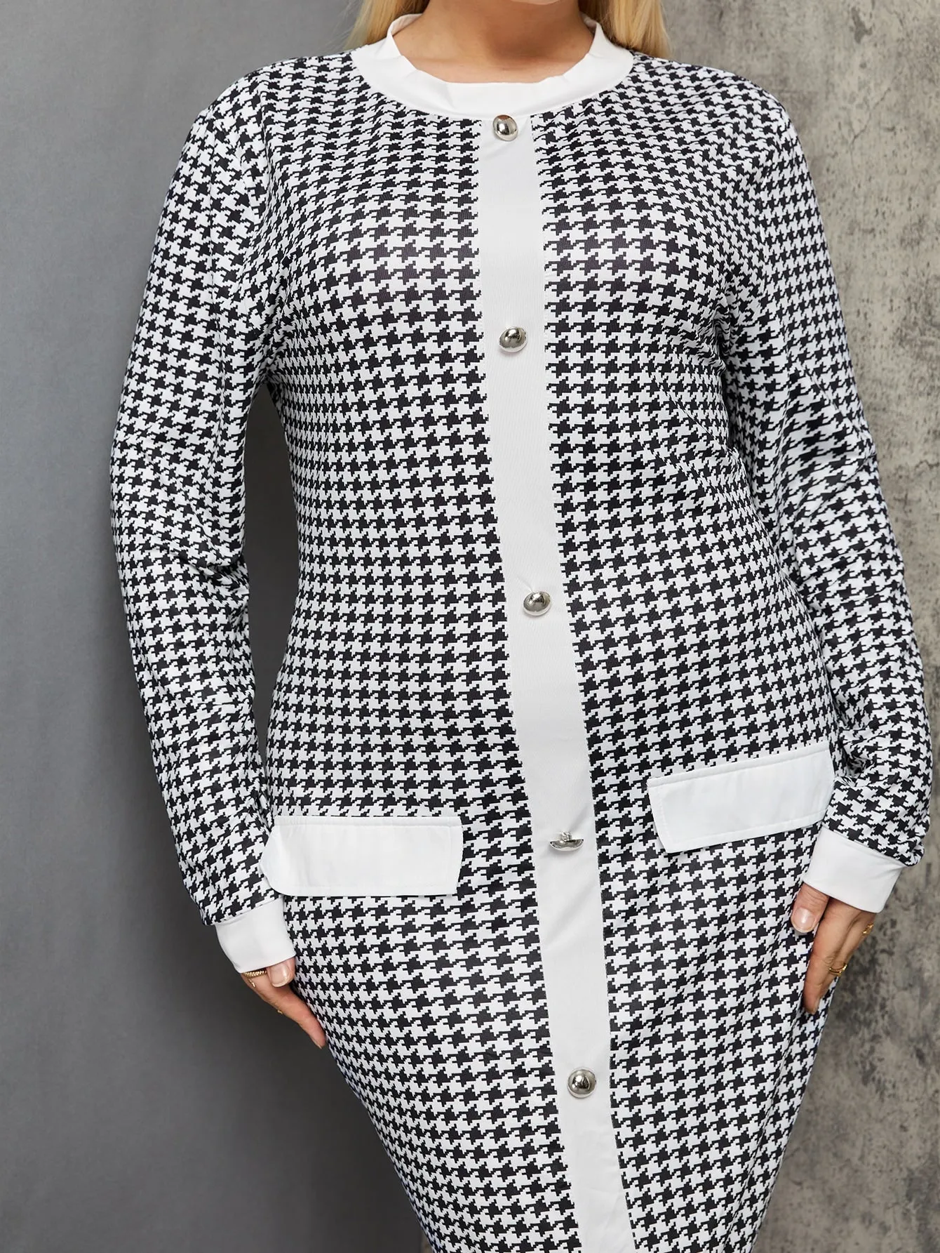 Elegant Houndstooth Button Front Long Sleeve Round Neck Pencil Natural Short Plus Size Dress