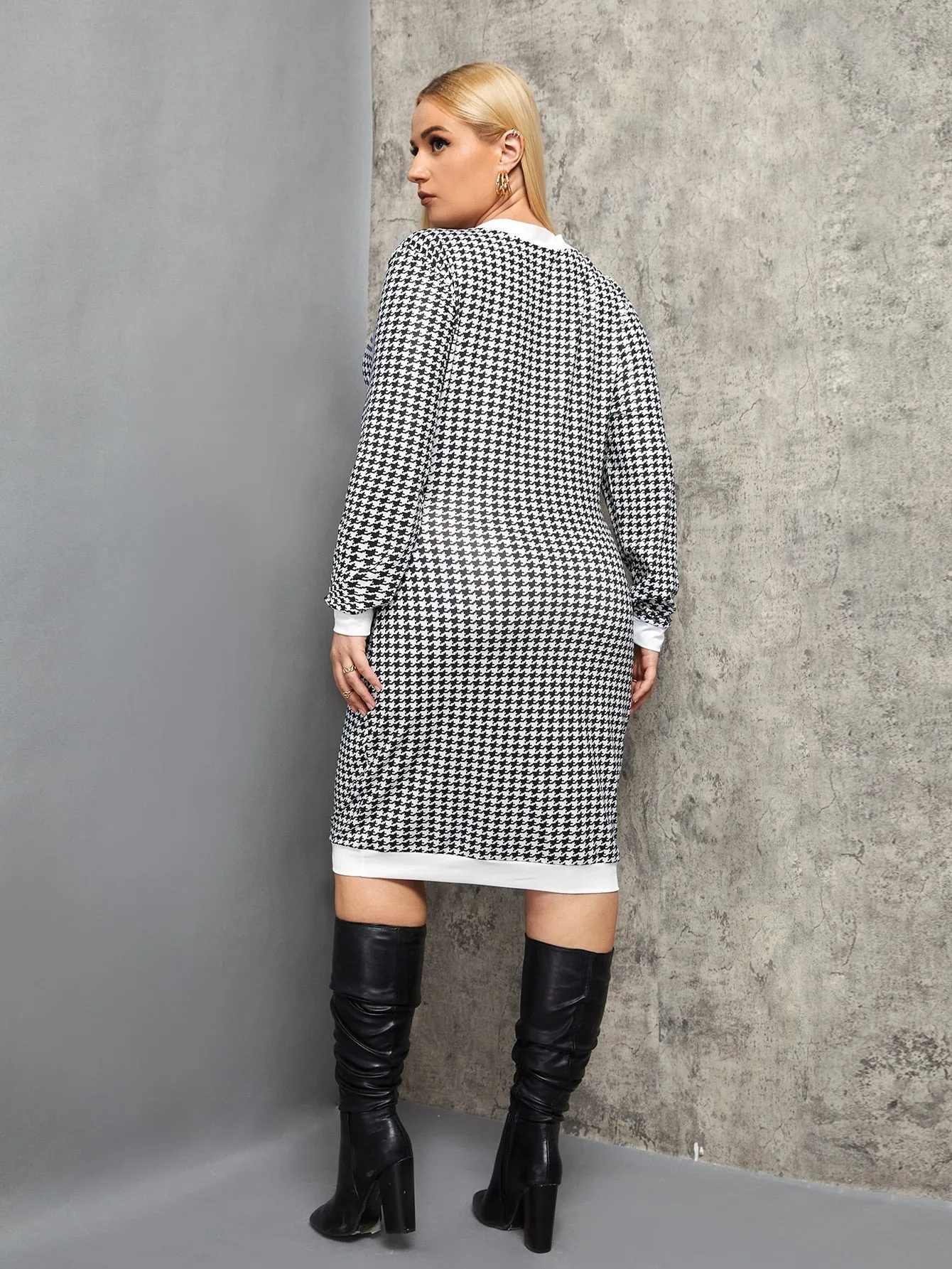 Elegant Houndstooth Button Front Long Sleeve Round Neck Pencil Natural Short Plus Size Dress
